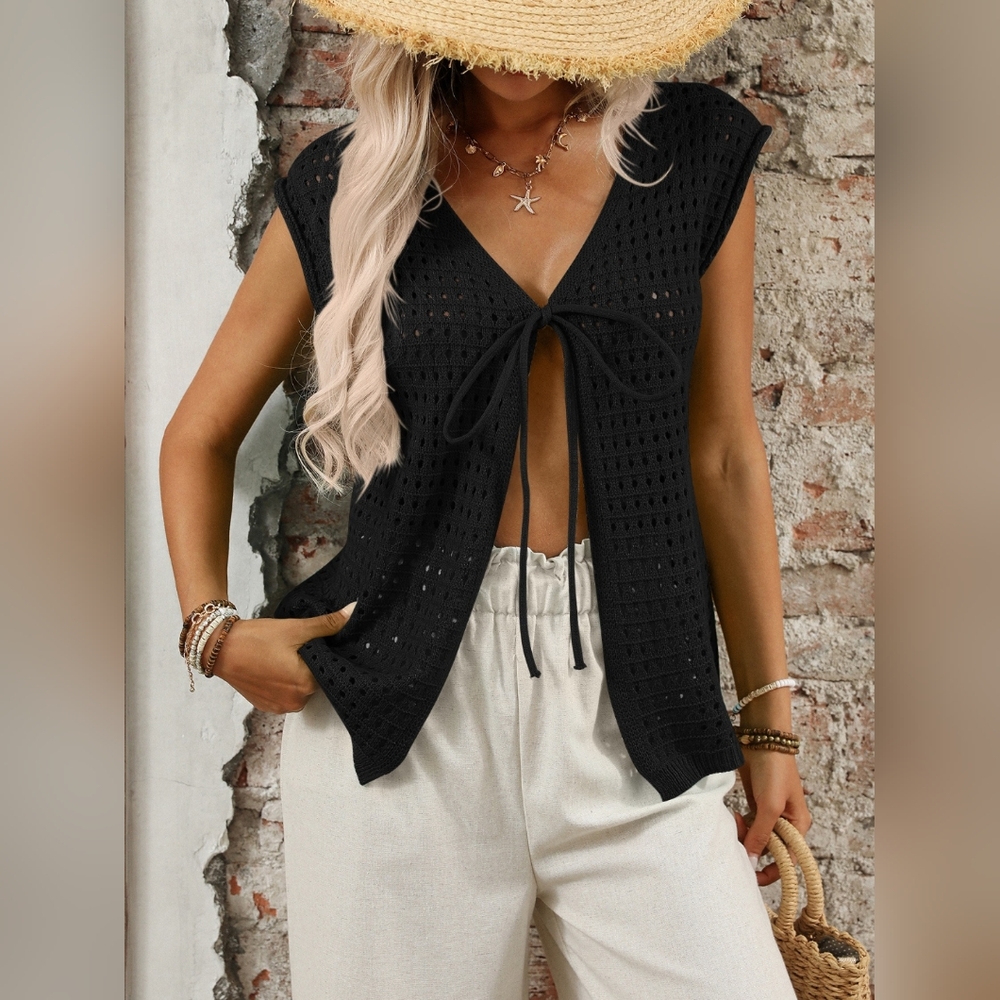 Black Crochet Openwork Knit Tie-Front Top